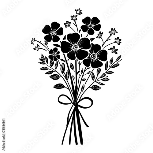 Silhouette spring flower bouquet tied with ribbon black color only