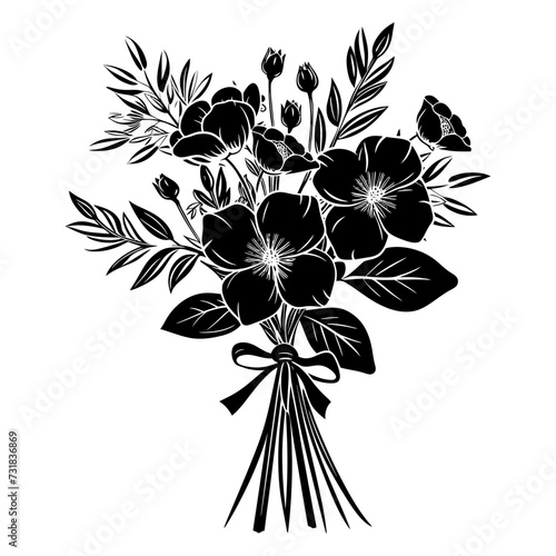 Silhouette spring flower bouquet tied with ribbon black color only