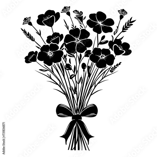 Silhouette spring flower bouquet tied with ribbon black color only