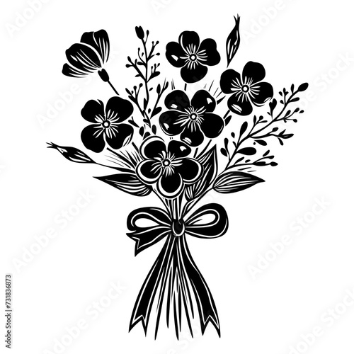 Silhouette spring flower bouquet tied with ribbon black color only