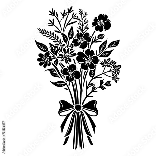 Silhouette spring flower bouquet tied with ribbon black color only
