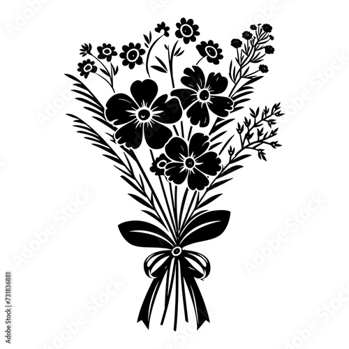 Silhouette spring flower bouquet tied with ribbon black color only