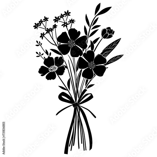 Silhouette spring flower bouquet tied with ribbon black color only
