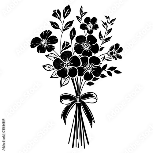 Silhouette spring flower bouquet tied with ribbon black color only