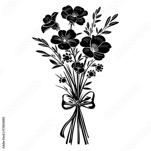 Silhouette spring flower bouquet tied with ribbon black color only