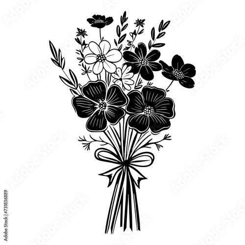 Silhouette spring flower bouquet tied with ribbon black color only
