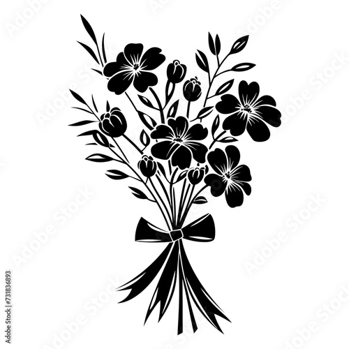 Silhouette spring flower bouquet tied with ribbon black color only