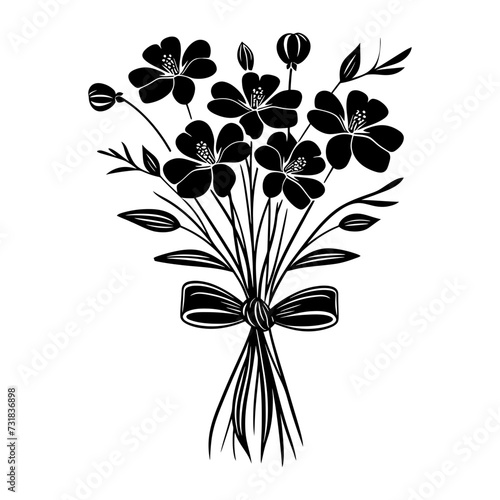 Silhouette spring flower bouquet tied with ribbon black color only