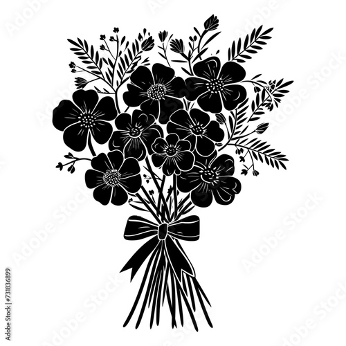 Silhouette spring flower bouquet tied with ribbon black color only