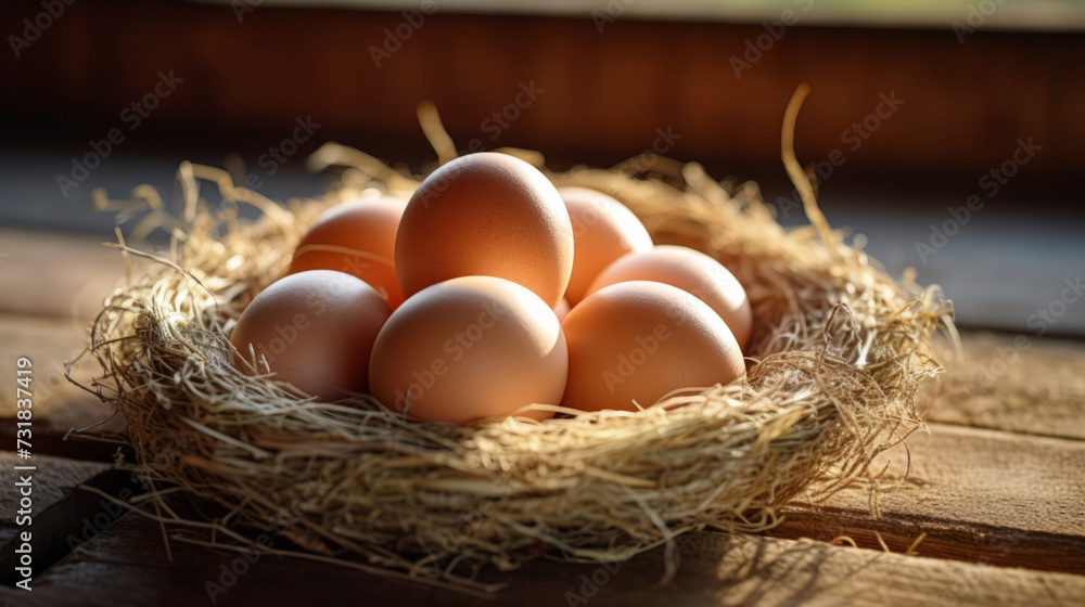 cluster of freshly laid eggs in a straw-lined nest, capturing the simple pleasures of rural life and farm-fresh produce cluster of freshly laid eggs in a straw-lined nest, capturing the simple pleasures of rural life and farm-fresh produce