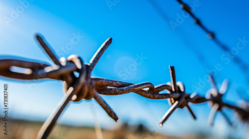close-up of a rusty barbed wire fence against a vivid blue sky