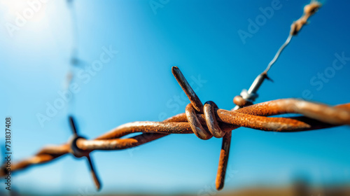 close-up of a rusty barbed wire fence against a vivid blue sky