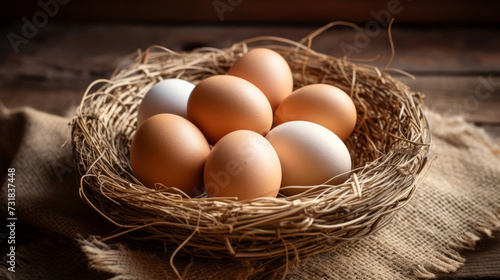 cluster of freshly laid eggs in a straw-lined nest, capturing the simple pleasures of rural life and farm-fresh produce