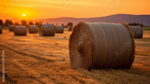 freshly bailed round hay bales on sunset photo