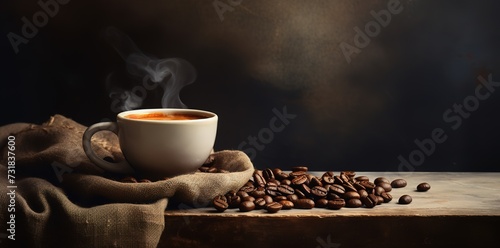 A cup of coffee with coffee beans side view on a wooden table