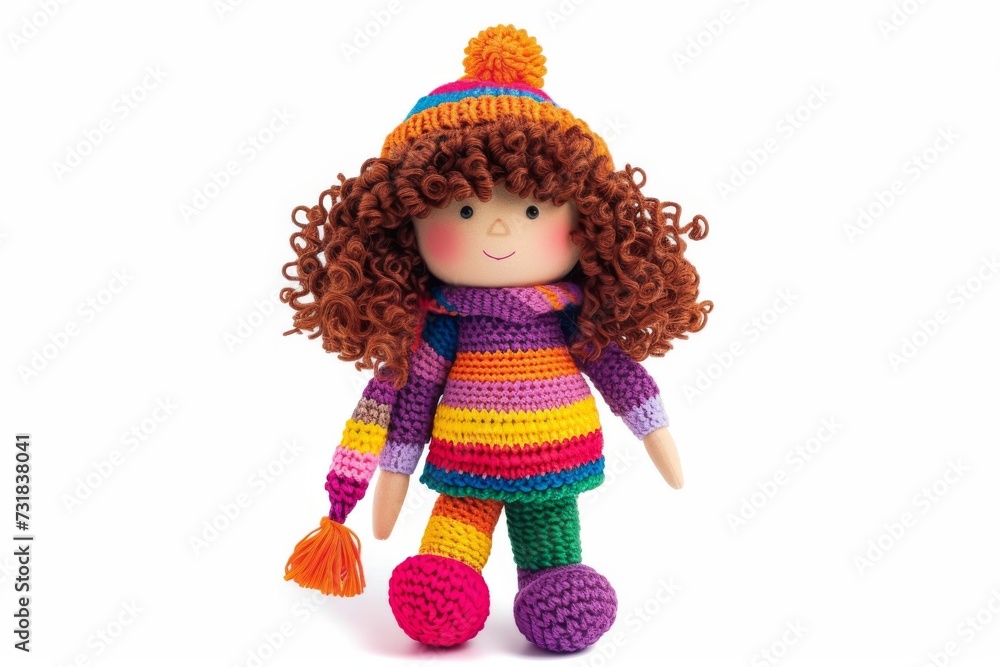 A knitted doll in colorful clothes and long curly hair, a soft toy for children. A knitted doll in colorful clothes and long curly hair, a soft toy for children.