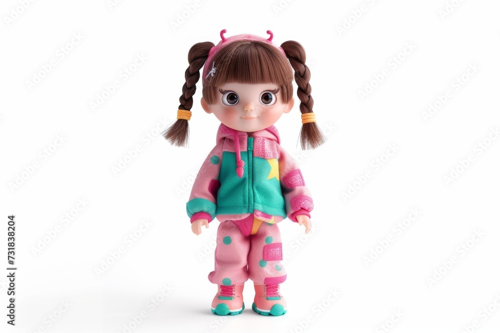 A doll with pigtails, a girl in a costume, a children's toy. A doll with pigtails, a girl in a costume, a children's toy.