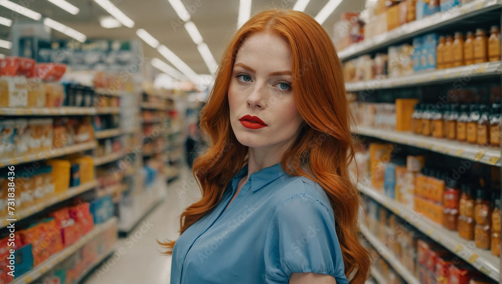 Young girl, long orange-red hair, red lips, gorgeous symmetrical face, shopping in blue dress. generative AI