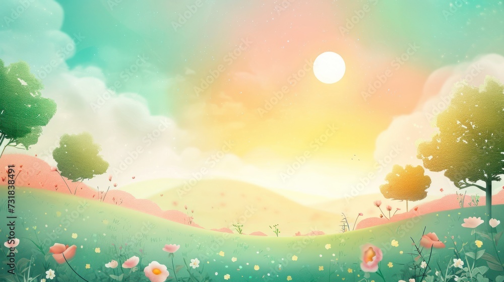 Dreamy landscape with radiant sun, fluffy clouds, and colorful trees Dreamy landscape with radiant sun, fluffy clouds, and colorful trees