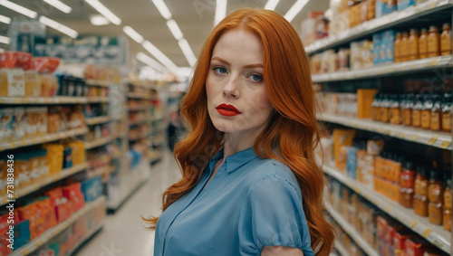 Young girl, long orange-red hair, red lips, gorgeous symmetrical face, shopping in blue dress. generative AI