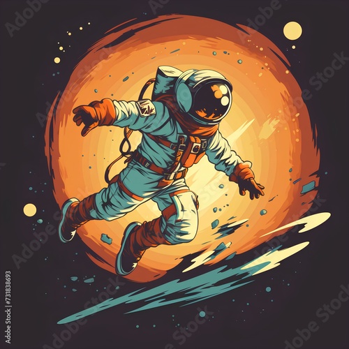 Cartoon astronaut in space 80s retro style logo design 