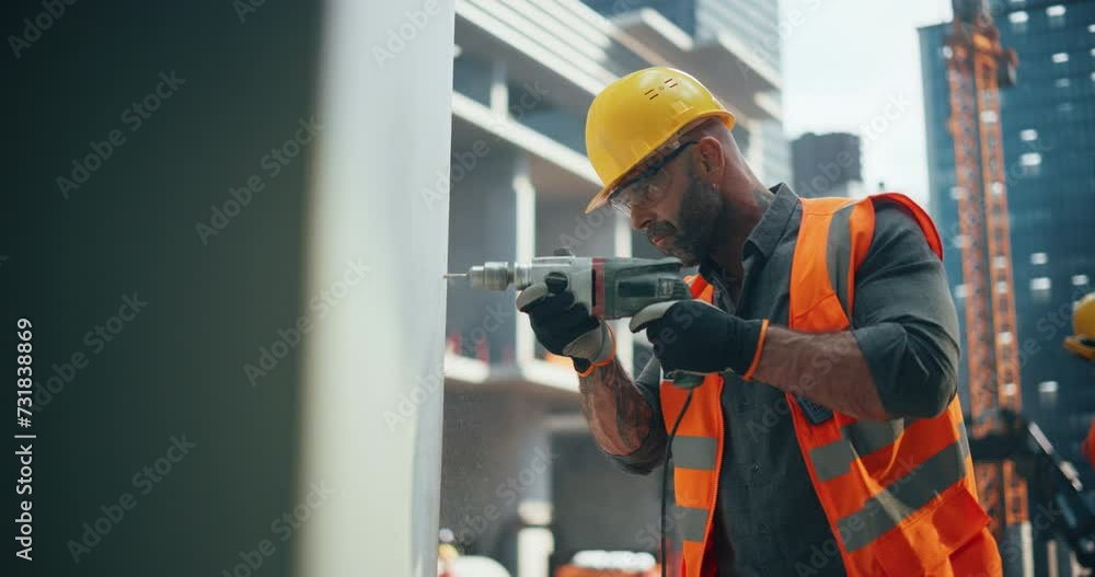 Portrait of a Handsome Construction Worker Using an Industrial Drilling Machine on a Building Site. Middle Aged Man in Protective Uniform Working Outdoors, Making Holes in the Wall with a Power Tool