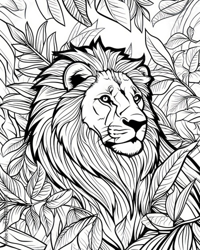 Majestic lion amidst serene foliage, illustrated in elegant black lines.