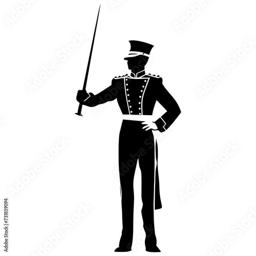 Silhouette drum major with mace in perform marching band leader