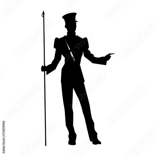 Silhouette drum major with mace in perform marching band leader