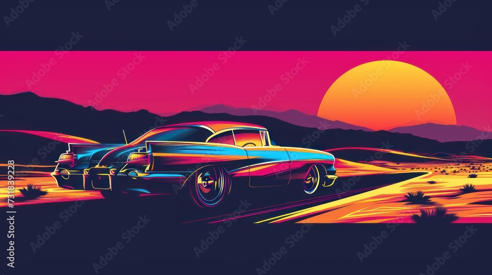 Vintage car driving at sunset with vibrant colors.