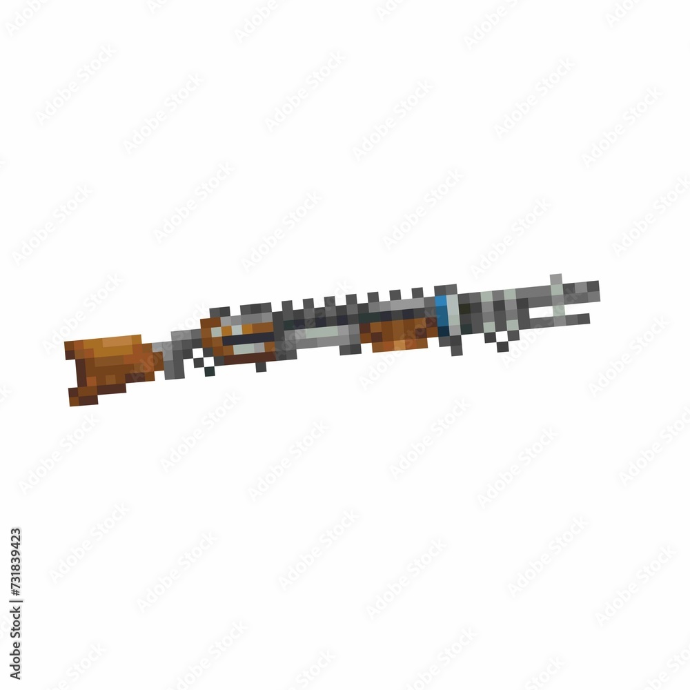 Digital illustration of a weapon of the future in the style of a pixel art design, white background