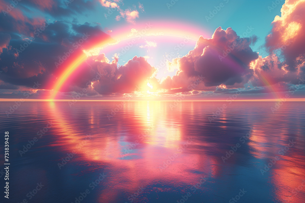 Radiant rainbow arcs splendidly across the sky, casting a spectrum of colors over the tranquil ocean at sunset.
