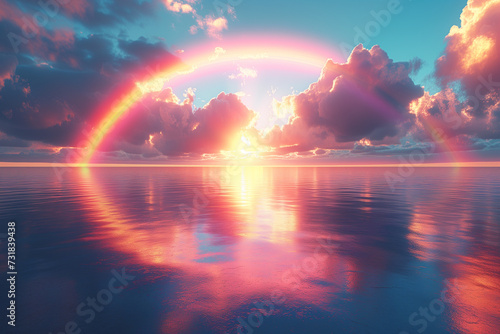 Radiant rainbow arcs splendidly across the sky, casting a spectrum of colors over the tranquil ocean at sunset.