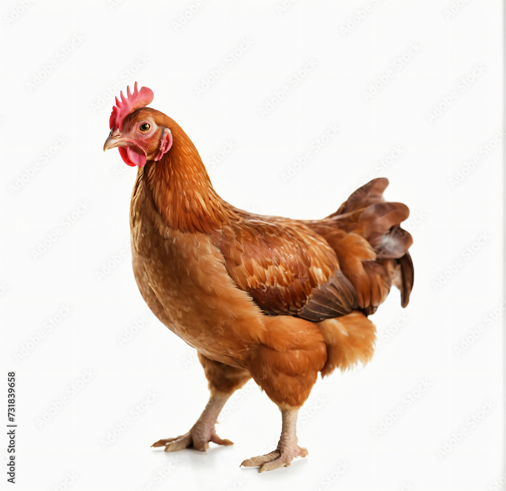 Fototapeta premium full body of brown chicken hen standing isolated white background. Ai Generated