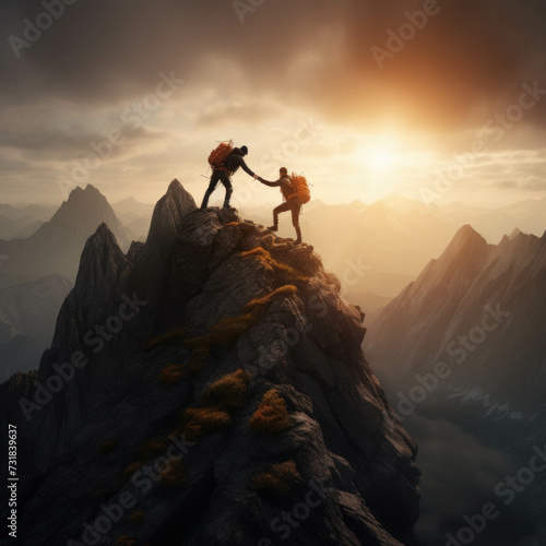 Assistance in climbing: Man helps friend reach mountain summit. AI generative.