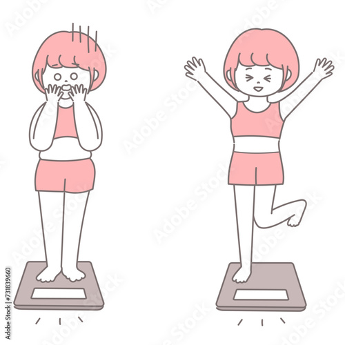 体重計に乗る女性　ダイエットビフォーアフター