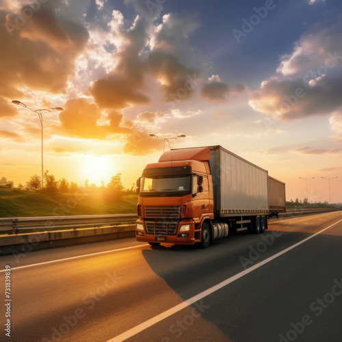 Cargo truck transporting goods on highway during sunset. Logistics and transportation concept. AI generative.