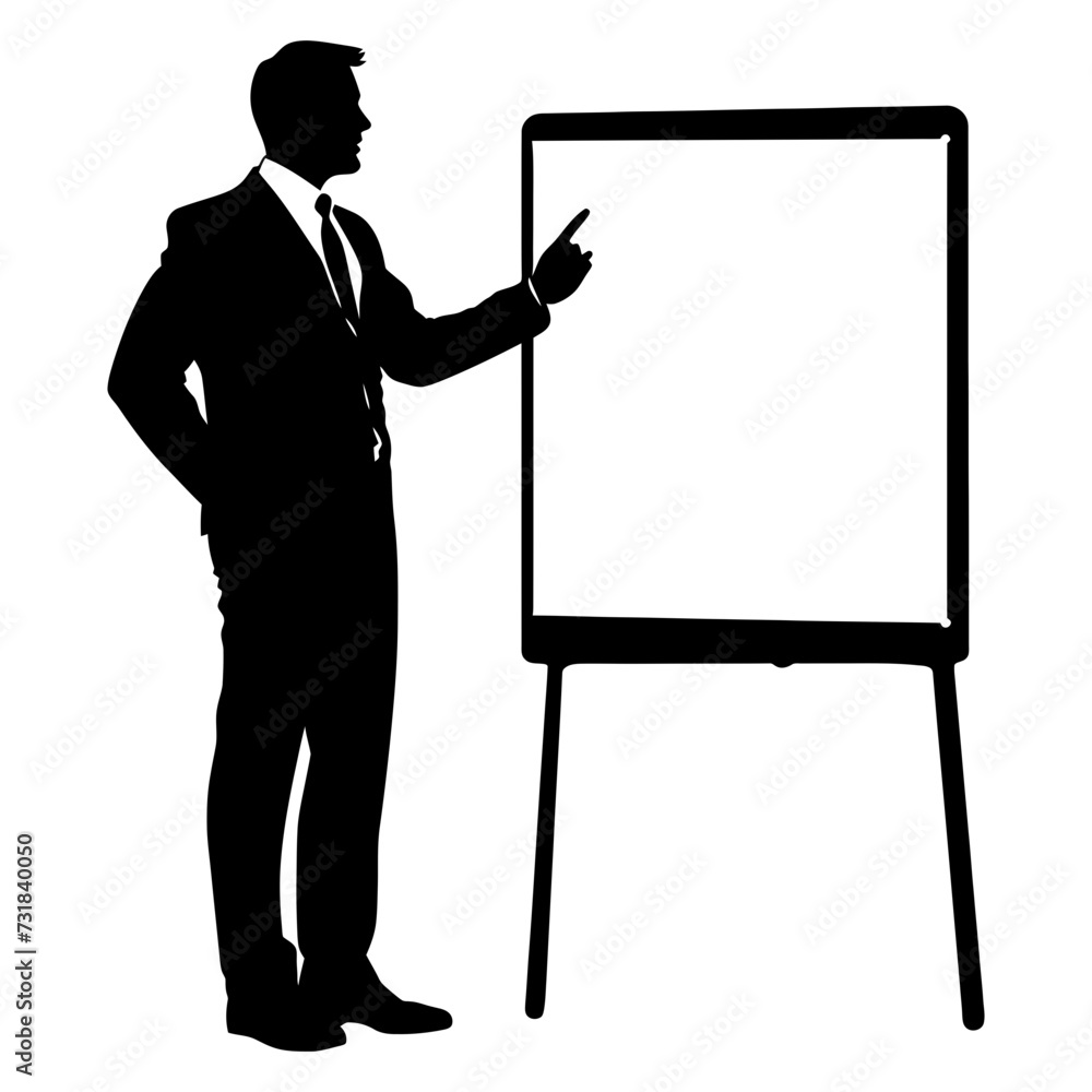 Silhouette Business Man Making Presentation on Whiteboard black color only