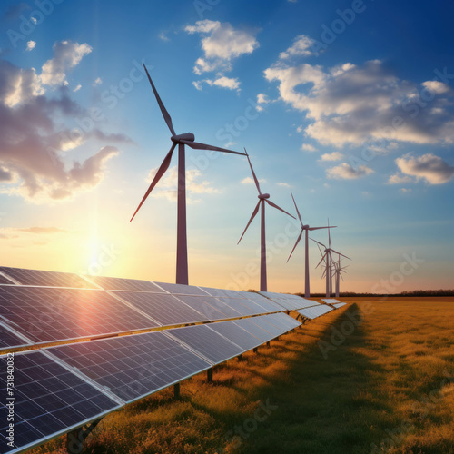 Wind turbines and solar panels harnessing eco-friendly renewable energy at sunset. AI generative.