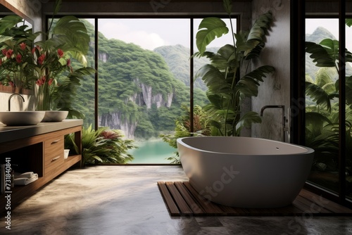Luxury bathroom in tropical style with panoramic windows, beautiful nature view, lots of green plants.