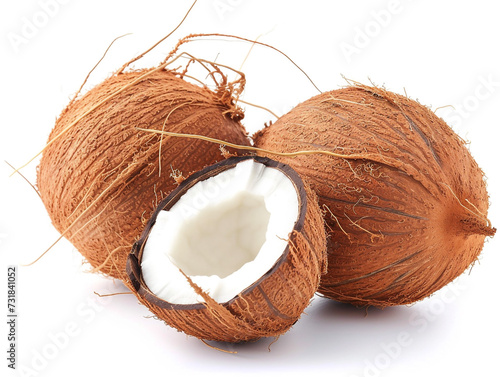 Several coconuts that have been peeled and shelled isolated on white background.