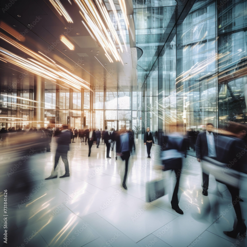 Witness the energetic pulse of corporate life in this AI generative image, capturing the fast-moving blur of business people navigating a bright office lobby.