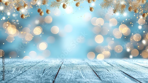 Festive horizontal template with golden round bokeh lights decoration and floor on light blue background