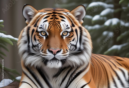 A tiger lies in the middle of a snow-covered forest