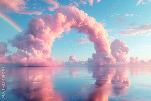 3d render of luminous clouds morph into a grand arch above a serene ocean, crowned by a faint rainbow in the pastel sky. photo