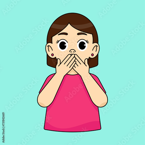 The girl covers her mouth with her hands, surprised and shocked. Shocked by the news