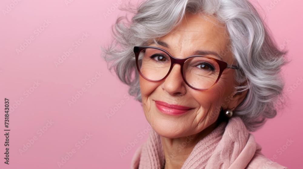 Elegant older woman with gray hair wearing glasses smiling and dressed in a pink scarf and blouse against a pink background.
