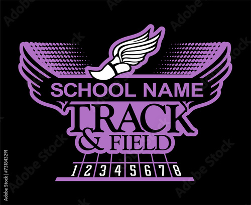 track and field team design with winged foot for school, college or league sports
