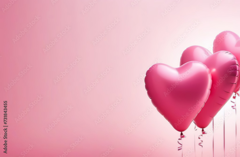 Magenta colored heart shaped balloons, copy space pink solid background. Festive backdrop. Set of foil balloons with curly ribbons. Valentine's Day, wedding, birthday party decoration. Front view.