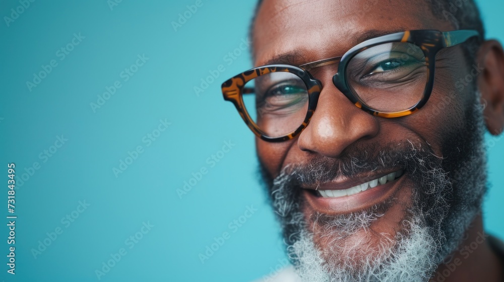 Smiling man with glasses and gray beard against blue background. Smiling man with glasses and gray beard against blue background.